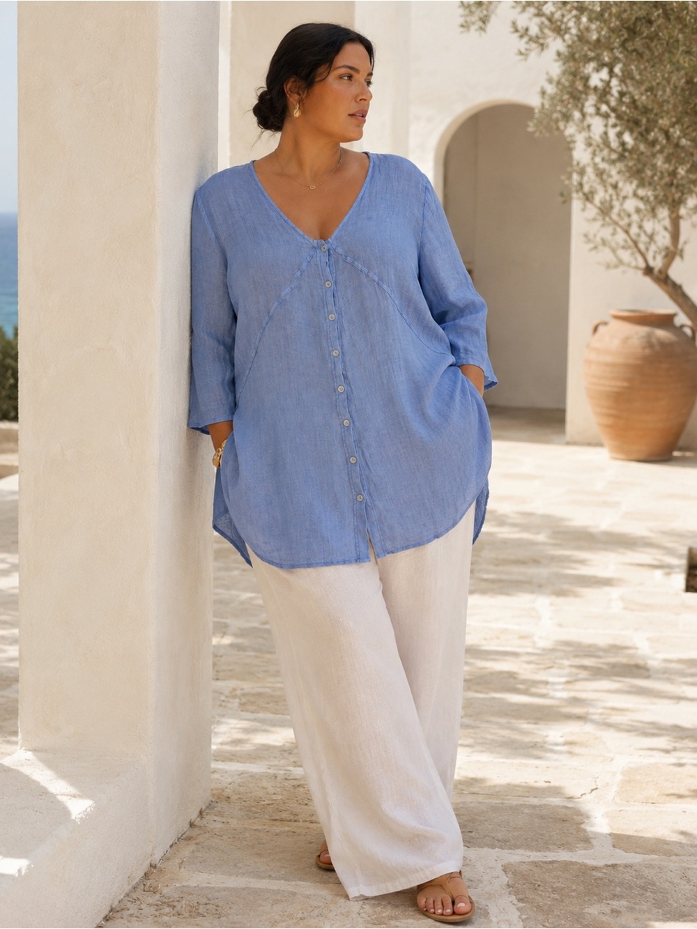 FLAX 100% Linen Blue Button Front Blouse 2G 22-24 Plus Lagenlook Boho Resort